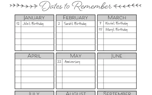 Dates To Remember Free Printable